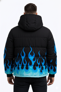 เสื้อแจ็คเก็ตพัฟเฟอร์พิมพ์ลายเปลวไฟสีน้ำเงินสำหรับผู้ชาย เสื้อโค้ทกันหนาวมีฮู้ด สตรีทแวร์ ฮิปฮอป แฟชั่นเสื้อคลุม - Product Image 2