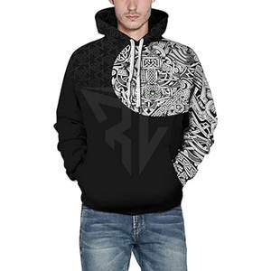 Sudadera con Capucha Gráfica al por Mayor Unisex Negra y Blanca con Estampado Dividido, Cordón Ajustable, Bolsillo Canguro y Puños Acanalados, Estilo Urbano Casual - Product Image 2