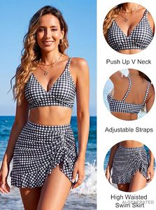 Ensemble bikini gingham pour femme, maillot de bain taille haute, haut court à col en V profond, maillot de bain à jupe, tenue de plage 2 pièces - Product Image 4