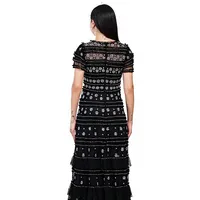 Robe longue de soirée noire de luxe à perles, col en V, à volants superposés, brodée de fleurs et de sequins, élégante en maille pour bal et fêtes