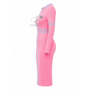 Robe midi moulante rose à manches longues pour femme Gamma Phi Delta avec accents rayés bleus, col rond, grande taille, coupe ajustée, robe décontractée - Product Image 4