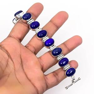 Lapis Lazuli 925 Silver Bracelet Oval Gemstone Boho Handmade Jewelry Statement Gift <b>For</b> Women <b>Men</b> - Product Image 2