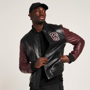 Vestes universitaires personnalisées OEM pour hommes, chaudes, d'hiver, style baseball, avec manches en cuir, logo brodé en chenille, en tissu. - Product Image 1
