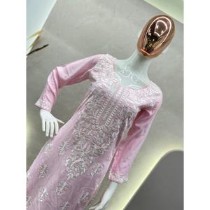 TRAVAIL DE BRODERIE SUR FIL DE RAYONNE À LA MODE KURTI AVEC PALAZZO BÉBÉ ROSE - Product Image 5