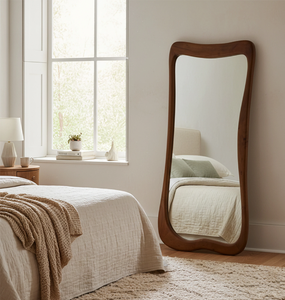 Tall narrow dark wood full length floor <b>mirror</b> featuring decorative carved spindle <b>panels</b>, available at wholesale prices. - Product Image 6
