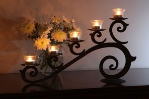 Black Iron Candle <b>Holder</b> Stand 6 Tealight <b>Glass</b> Cups Spiral Curved Metal Candelabra Home Decor - Product Image 2