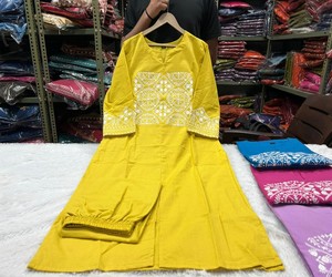 TRENDING TESLA SILK EMBROIDERY WORK CO-ORD <b>SET</b> DAILY WEAR WHOLESALE PRICE ETHNIC GARMENT YELLOW - Product Image 2