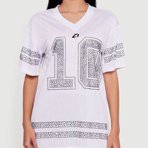 Women’s Luxury Black Rhinestone Mesh Football Jersey Custom Oversized V Neck Sports Top Private Label Apparel Manufacturer USA - Product Image 4