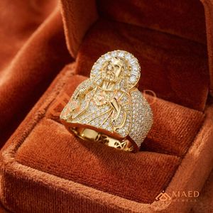 18K Yellow Gold Plated Jesus Piece <b>Ring</b> <b>Iced</b> Out Sacred Heart Hip Hop Religious Jewellery Diamond Halo Christ Portrait <b>Ring</b> - Product Image 2