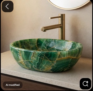 Lavabo de ónix natural verde tallado con vetas doradas para baño moderno - Product Image 1