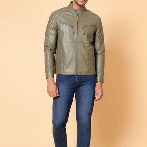 Chaqueta de Motociclista de Cuero Genuino Negro para Hombre, Cuello Alto, Cierre de Cremallera, Corte Ajustado, Manga Regular, Color Sólido, Estilo Otoñal - Product Image 4