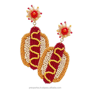 Boucles d'oreilles pendantes tendance motif fleur bohème en perles de rocaille, design alimentaire original, détail moutarde, style affirmé, pour soirée, cadeau mode - Product Image 1