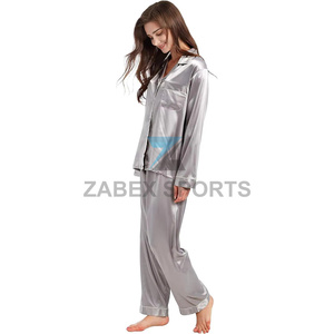 Ensemble de pyjama en satin polyester/coton pour femmes, logo personnalisé, léger, respirant, fermeture à cordon, vêtements de nuit d'été, OEM - Product Image 1