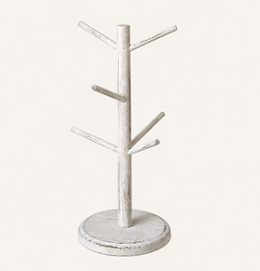 Rustic White Wooden Mug <b>Tree</b> Holder 6 Hook Coffee Cup <b>Stand</b> for Kitchen Countertop Organizer & Farmhouse Style Display Rack - Product Image 3