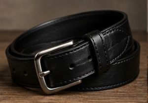 Ceinture en cuir véritable marron uni avec boucle ardillon rectangulaire en cuivre, décontractée et durable pour homme - Product Image 6