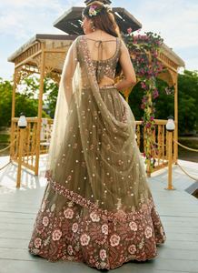 Designer Olive Green Embroidered Semi-Stitched Lehenga Choli with Soft <b>Net</b> <b>Dupatta</b> - Product Image 5
