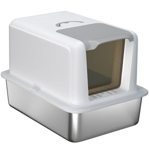 Lettiera per Gatti in Acciaio Inossidabile 2 in 1 con Coperchio Rimovibile, Paletta e Sacchetti Filtranti XL per Gatti Piccoli e Grandi, Bianca - Accessorio Durevole in Plastica per Animali Domestici - Product Image 1
