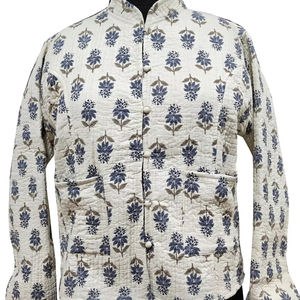 Indian Handmade Boho Cotton <b>Quilted</b> <b>Jacket</b> with Block Print Collar Stripe Piping & Reversible Design Breathable Coat - Product Image 1