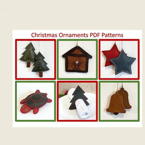 Juego de Adornos Navideños de Cuero Hechos a Mano con Diseños de Casa de Árbol, Estrella, Tortuga y Campana con Detalles de Costura, Decoración Perfecta - Product Image 1