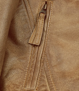 Veste moto en cuir véritable marron pour homme, col montant, fermeture éclair, coupe classique, pour l'automne - Product Image 5