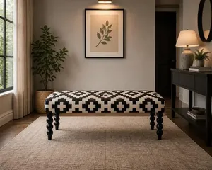 Luxury Indian Handmade Wooden Bench with Handwoven Rug Artisan Crafted Living Room Accent Furniture For Indore And Outdoor Use - Product Image 2