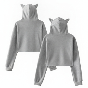 Women Cute <b>Cat</b> Ear Crop <b>Top</b> Hoodie Grey Solid Long Sleeve Pullover Sweatshirt Devil Horn Streetwear Y2K Hoody - Product Image 2