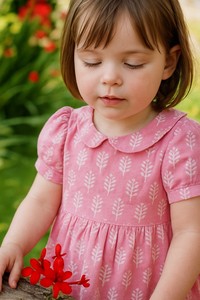 Vestido de herencia atemporal para niñas con mangas abullonadas de cuello Peter Pan vintage y abalorio con estampado de bloques hecho a mano en colores elegantes - Product Image 4