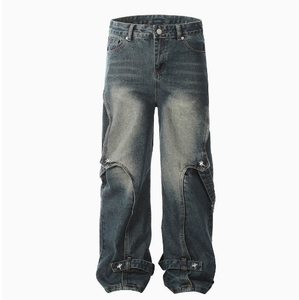 Pantalones Vaqueros Cargo para Hombre, Cintura Alta, Corte Holgado, Lavado Desgastado, Azul, Algodón, Estilo Casual Urbano, Otoño, Pierna Ancha - Product Image 1