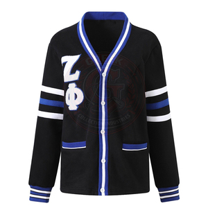 Cárdigan Negro para Mujer con Rayas Azules y Blancas, de Algodón y Felpa, Tejido con Bordado de la Letra Zeta Phi B, Cuello en V, Manga Larga, Estilo Preppy - Product Image 1