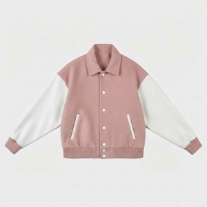 Solid Pink Varsity <b>Jacket</b> Unisex Casual Turn-down Collar Regular Sleeve Solid Color Button Front Autumn Wool Polyester - Product Image 1