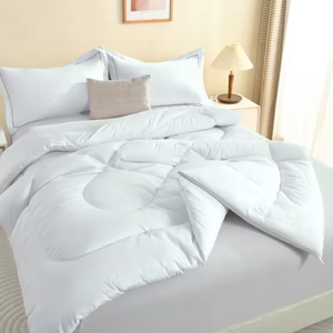 White Polyester Duvet Cover Set Queen Size Breathable <b>Quilted</b> Winter Hypoallergenic Machine Washable <b>Bedding</b> - Product Image 1