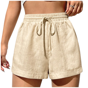 Shorts de Lino para Mujer, Cintura Alta, Color Sólido, con Cordón, Casuales, Transpirables, Tejido de Lino, Corte Regular - Product Image 1