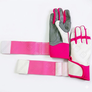 Premium Quality Heavy Duty Sports Training <b>Long</b> Cuff White Pink & Grey Color Combination Baseball Softball Batting Gloves - Product Image 5