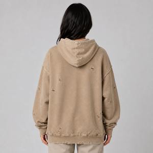 Sweat-shirt à capuche oversize pour femme, couleur unie, effet délavé, design asymétrique, en coton et fibre de bambou, tricoté, streetwear d'automne - Product Image 3