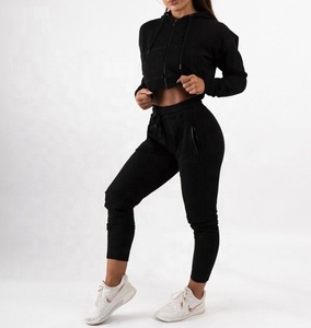 Wholesale custom logo women zipper crop top tech fleece hoodie with plain trousers sweatsuits set - Product Image 4