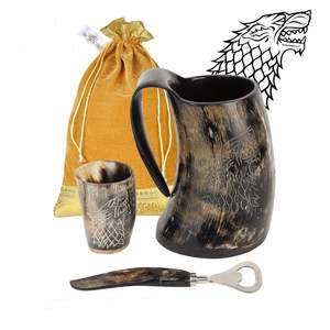 Taza de Cuerno Natural con Base de Madera Pulida, Estilo Animal, Diseño Moderno, Vaso para Café y Cerveza para Fiestas - Product Image 1