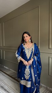 Premium satin designer embellishment embroidery top plazzo <b>elastic</b> waist 41 inch dupatta <b>lace</b> border ethnic wear women set - Product Image 6