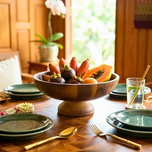 Grande corbeille à fruits sur piétement en bois d'acacia massif, bol de service surélevé pour centre de table de cuisine et décoration intérieure - Product Image 6