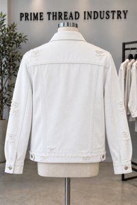 Veste en jean blanche personnalisée, effet usé, avec broderie florale, fermeture à boutons et poches latérales, veste en jean unisexe - Product Image 2
