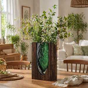 Jarrón de Vidrio Verde Hecho a Mano con Marco de Madera, Decoración Rústica Moderna, Centro de Mesa, Regalo de Inauguración de Casa - Product Image 5