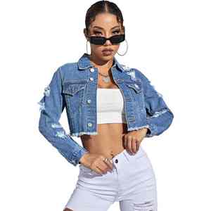 New Design Women's <b>Crop</b> <b>Top</b> Casual Ripped Holes Short Raw Hem Knitted Light <b>Blue</b> Colour Button Up Denim <b>Tops</b> - Product Image 1