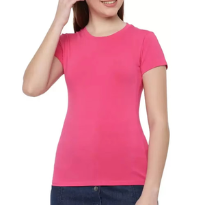 เสื้อยืดคอกลมสีชมพูสดใสทรงเข้ารูปพรีเมียมสำหรับผู้หญิง แขนสั้น ผ้าสปอร์ต ยืดหยุ่นได้ - Product Image 1