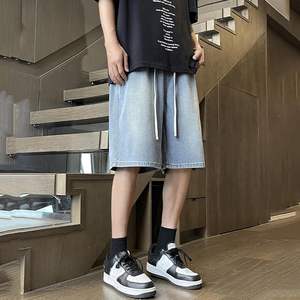 Men's Baggy <b>Denim</b> <b>Shorts</b> with <b>Elastic</b> Waist Loose Fit Straight Leg Skater Beach Bermuda Jorts Decorated Crystals Light Washed - Product Image 6