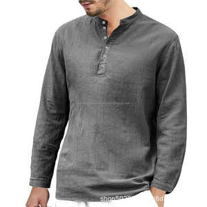Chemise décontractée pour homme en lin et coton satiné tricoté respirant, anti-plis, à col rabattu, manches longues, boutonnage simple, couleur unie, idéale pour l'été - Product Image 5