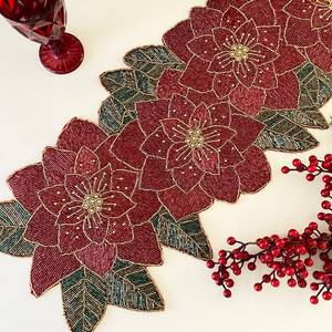 Christmas handmade <b>table</b> <b>runner</b>, floral beaded Poinsettia <b>runner</b>, 13x36inch - Product Image 2
