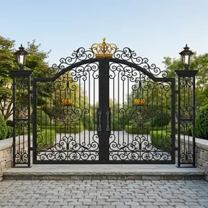 Portail d'entrée européen en fer forgé avec décor en couronne, porte extérieure manuelle battante en métal, design en acier fini - Product Image 3