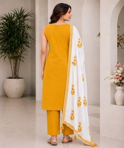 <b>Women</b> Yellow Cotton Embroidered <b>Kurta</b> Set White Dupatta Casual Traditional Wear India Pakistan Style 86128 MORNI- Mc-1144 - Product Image 3