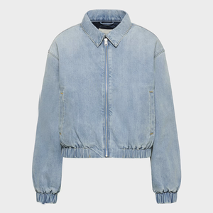 Veste en jean zippée pour femme, qualité supérieure, prix abordable, avec logo personnalisé, manches et ourlet côtelés, coupe courte, en jean délavé - Product Image 5