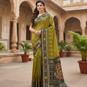 Sari Amarillo para Mujer en Tela Patola Pura |   Colección de Diseñador DC Element 0039, Prendas Tradicionales para Fiesta, Impresas Digitalmente, Sin Costuras - Product Image 3