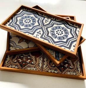 Custom Design Printed Tray For Kitchen Serving Printed Wood Tray With Natural Finish And Grip Handmade Collection - Product Image 5